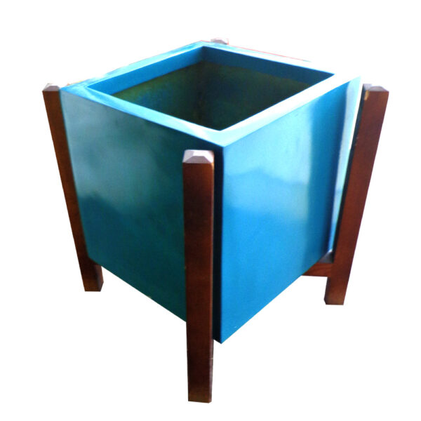 Pot de fleurs cube avec support en bois bleue