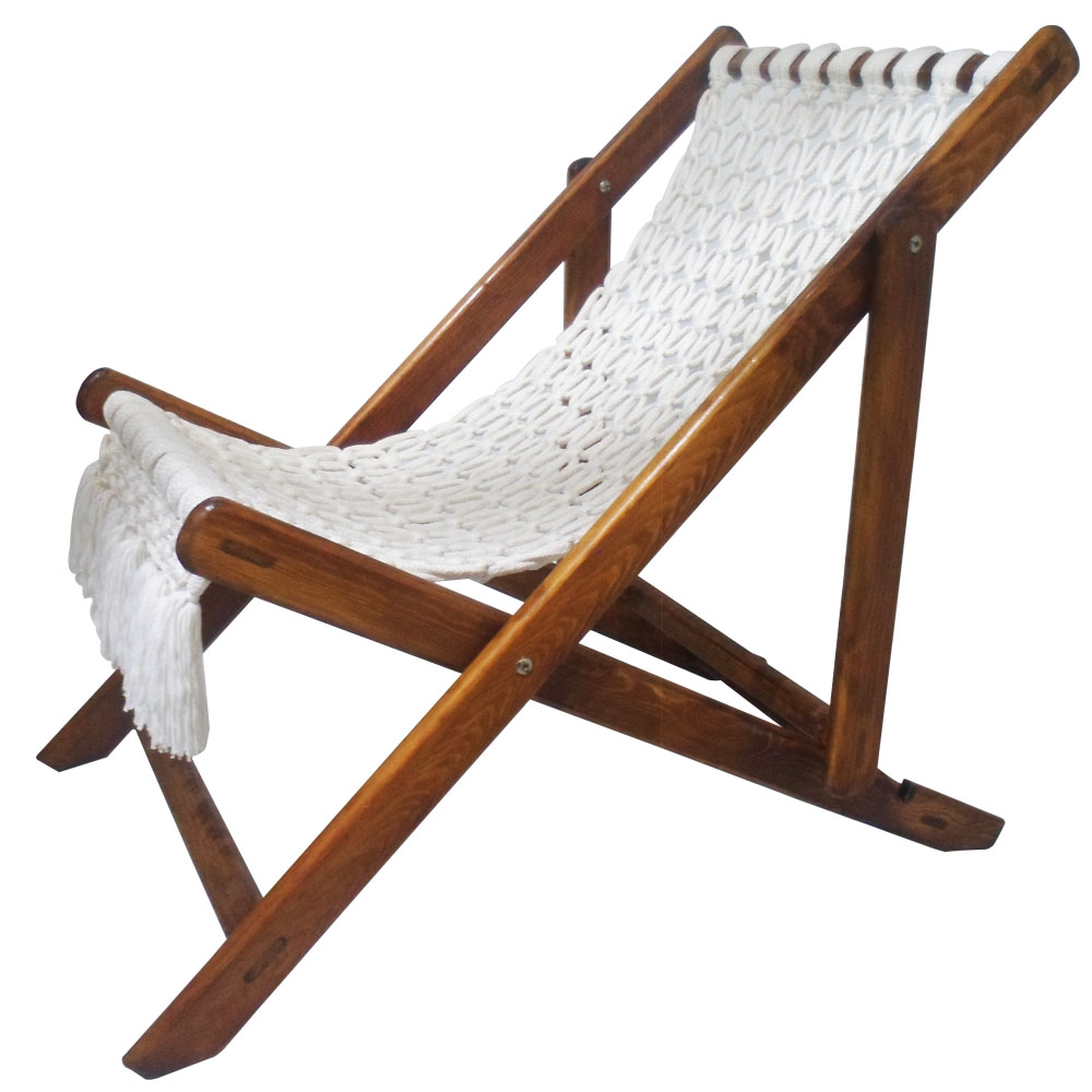 Chaise pliable en bois dur et en macramé