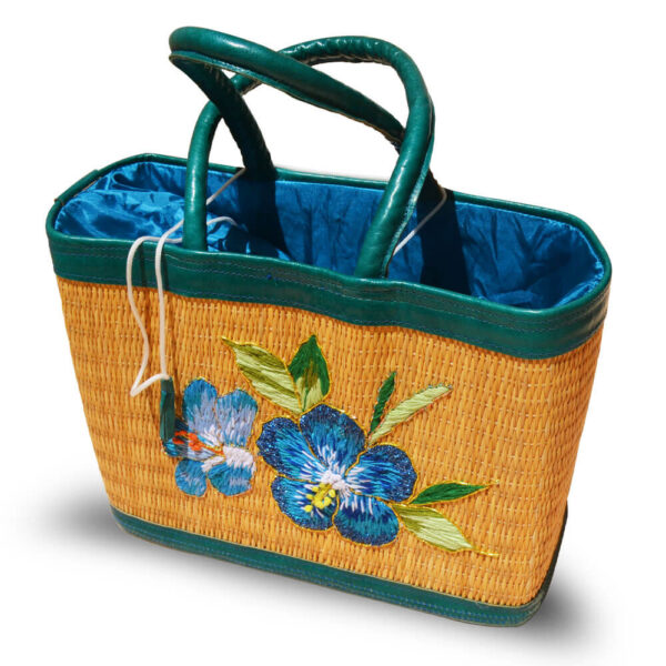 sac à main artisanal en smar motif fleure bleue