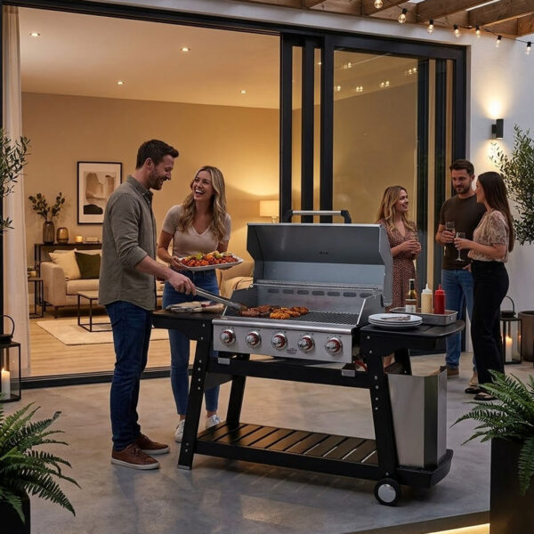Barbecue au gaz Inox 5 brûleurs sur socle en bois couv