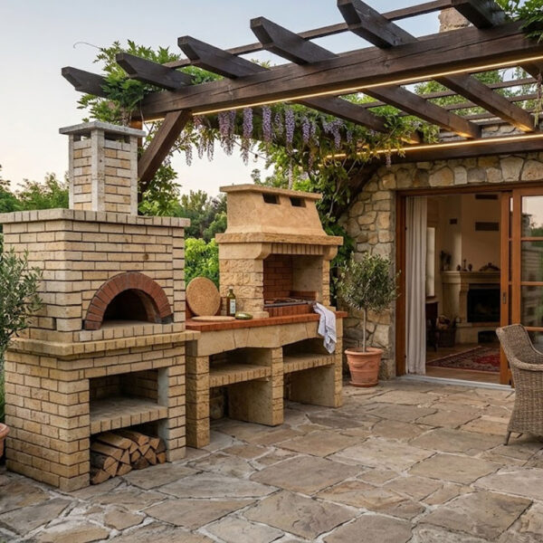 Cuisine extérieur en pierre et briques réfractaires couverture