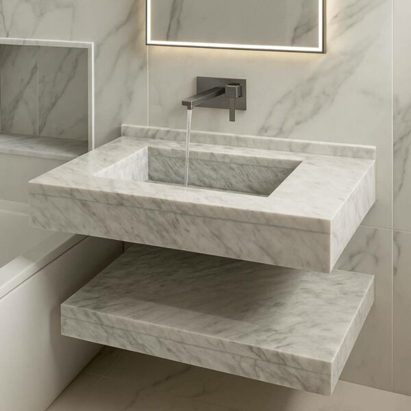 Lavabo Suspendue Avec Etagere En Marbre Blanc couv