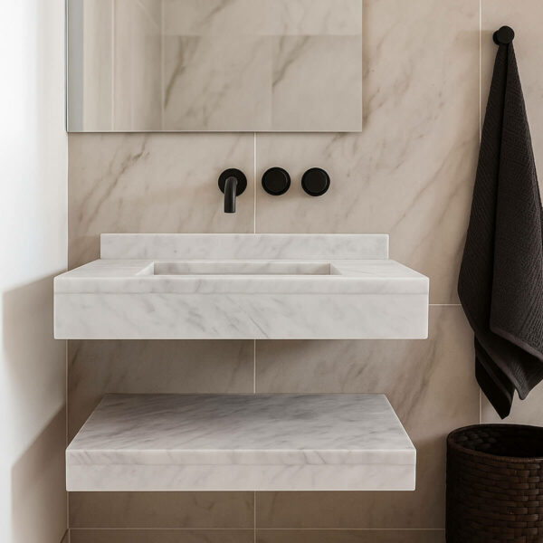 Lavabo Suspendue Avec Etagere En Marbre Blanc couverture