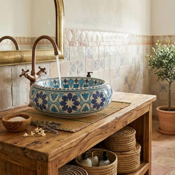 Vasque en Céramique Artisanale Motif Bleu Azur Ø 41cm couv